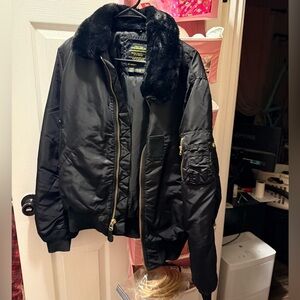 Alpha Industries B15 Black Bomber Jacket with Faux Fur Collar